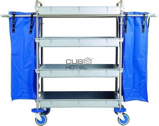 Carro Housekeeping Cromado 4 Bandejas e 2 Sacos